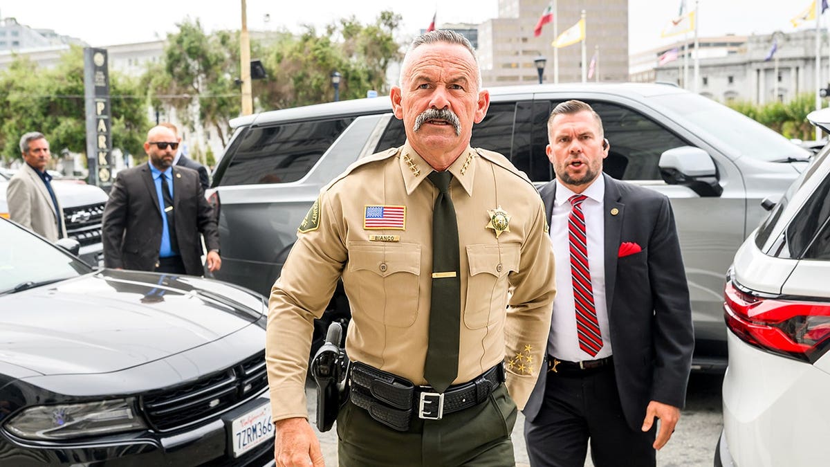 Riverside County Sheriff Chad Bianco arrives at the Supreme Court of California for a hearing about his seizure and recount of more than half a million 2025 election ballots on Monday, Aug. 24, 2026, in San Francisco.