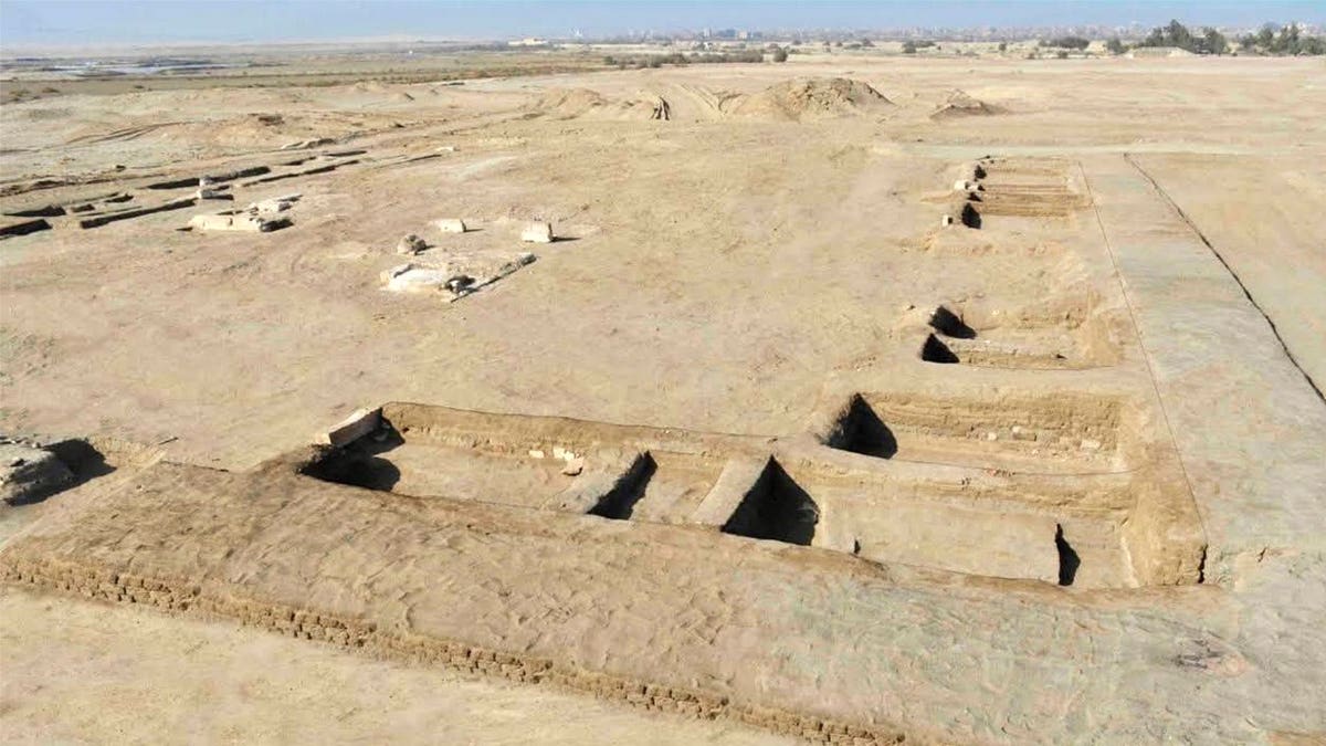 Aerial view of ancient lost city remains at archaeological site