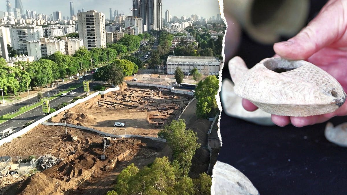Split image of excavation site aerial, archaeologist holding artifact