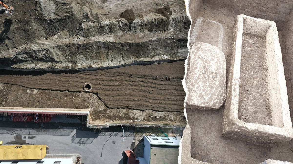 Aerial view of site next to empty coffin