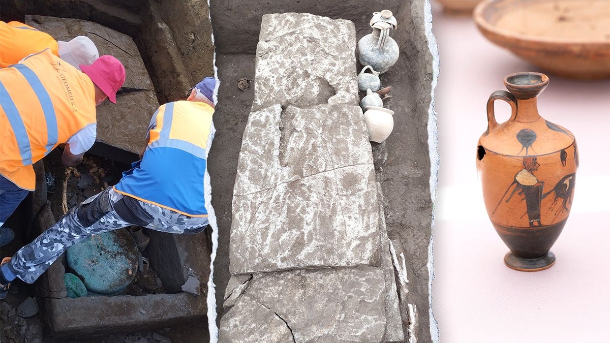 Split image of excavators working, ancient grave, ancient pottery