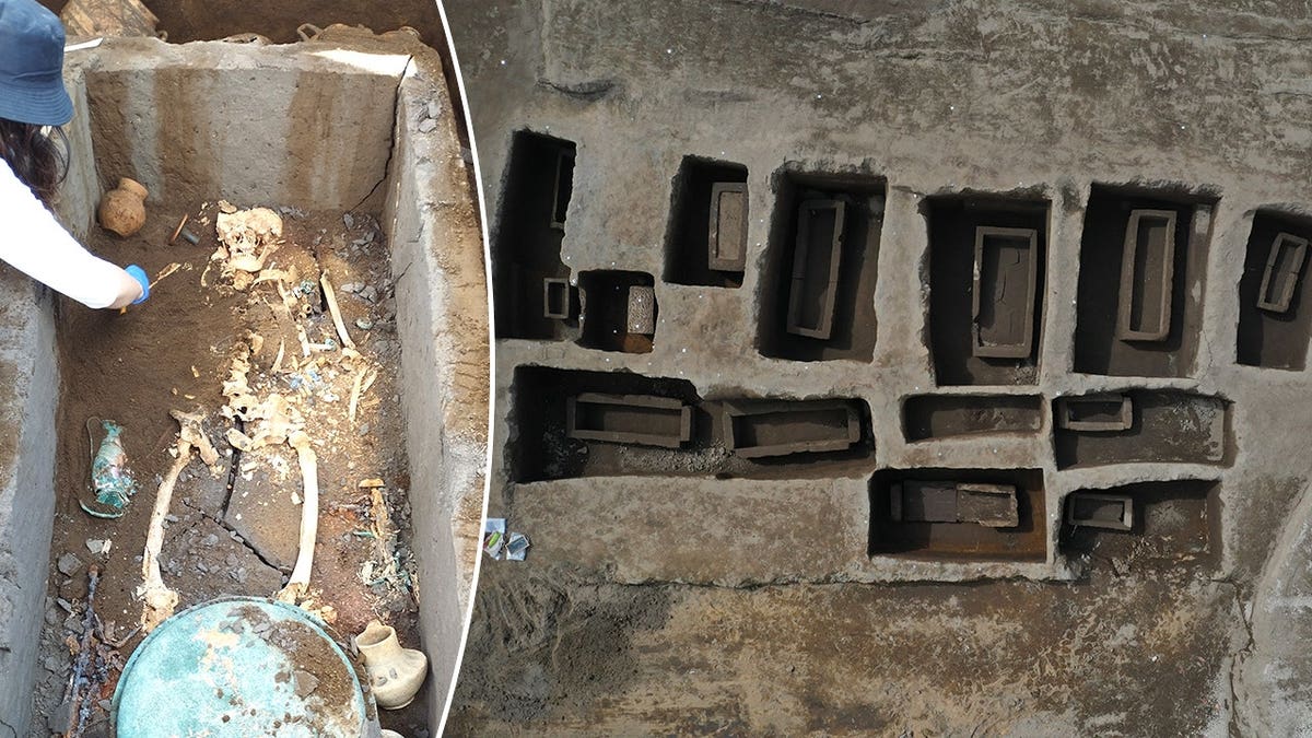 Split image archaeologist working, aerial view of site