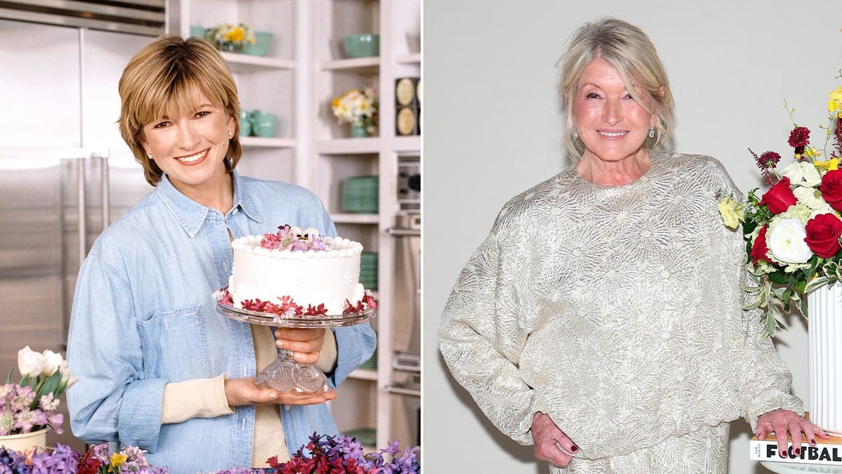 A side-by-side image compares Martha Stewart earlier in her career with a recent photo taken decades later.