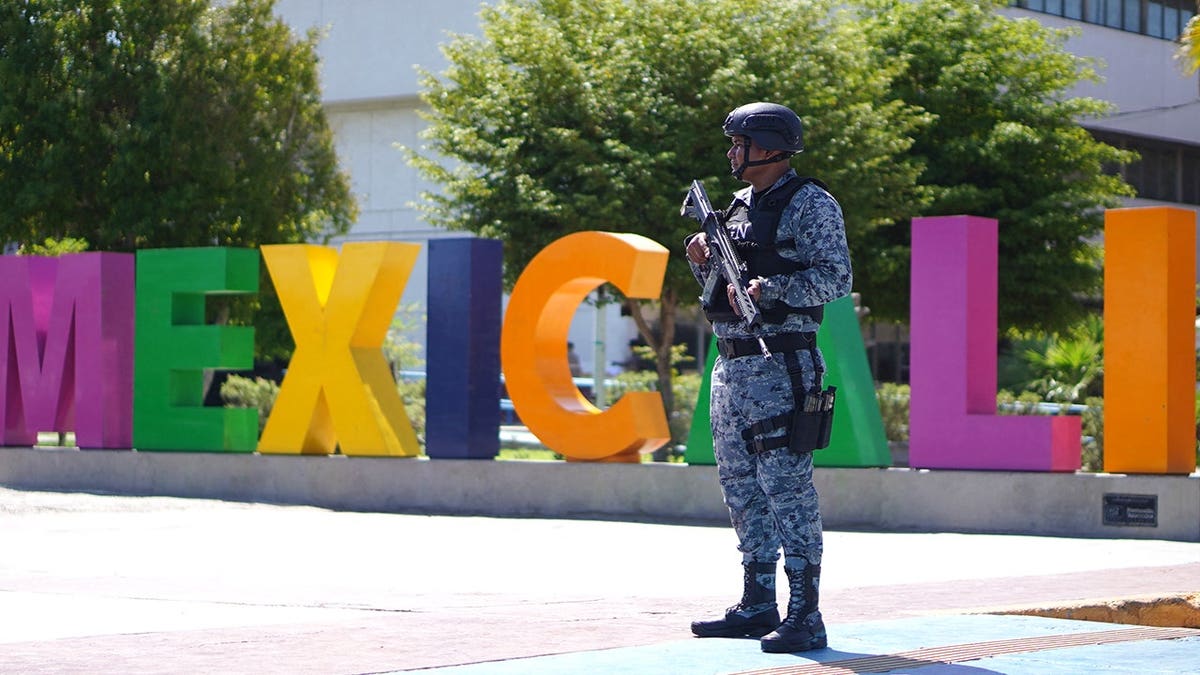 Armed guard in front of Mexicali sign