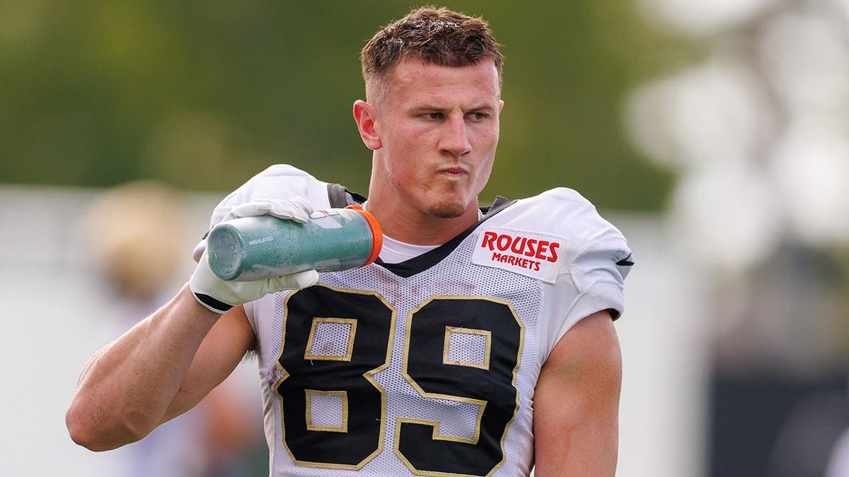 Brock Rechsteiner stands during Saints training camp in Metairie, La.