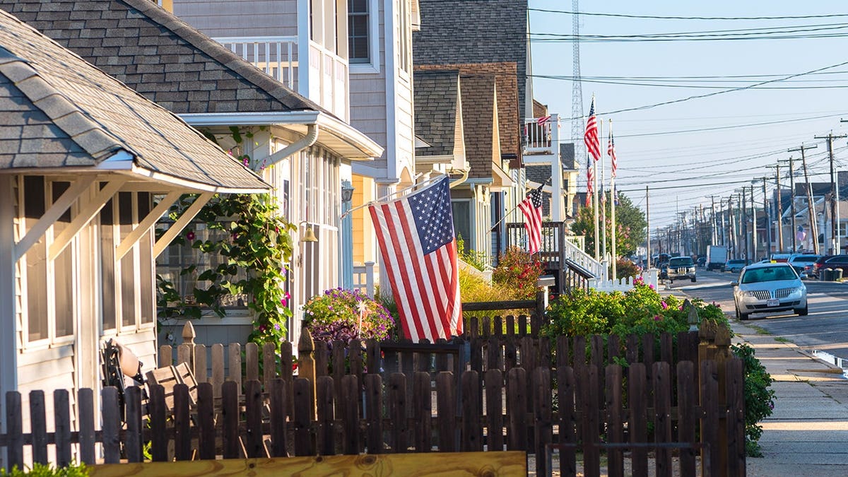 View of houses in Manasquan with American flags
