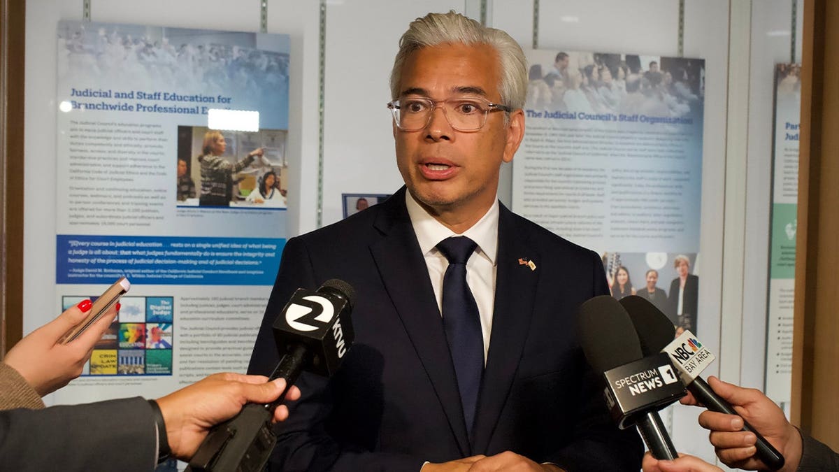 California Attorney General Rob Bonta speaks after a hearing about Riverside County Sheriff Chad Bianco's seizure and recount of more than half a million 2025 election ballots on Monday, Aug. 24, 2026, at California Supreme Court in San Francisco.