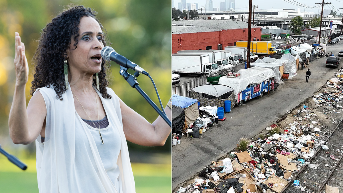 Roxanne Hoge speaking into a microphone and a trash-strewn homeless encampment in Los Angeles.