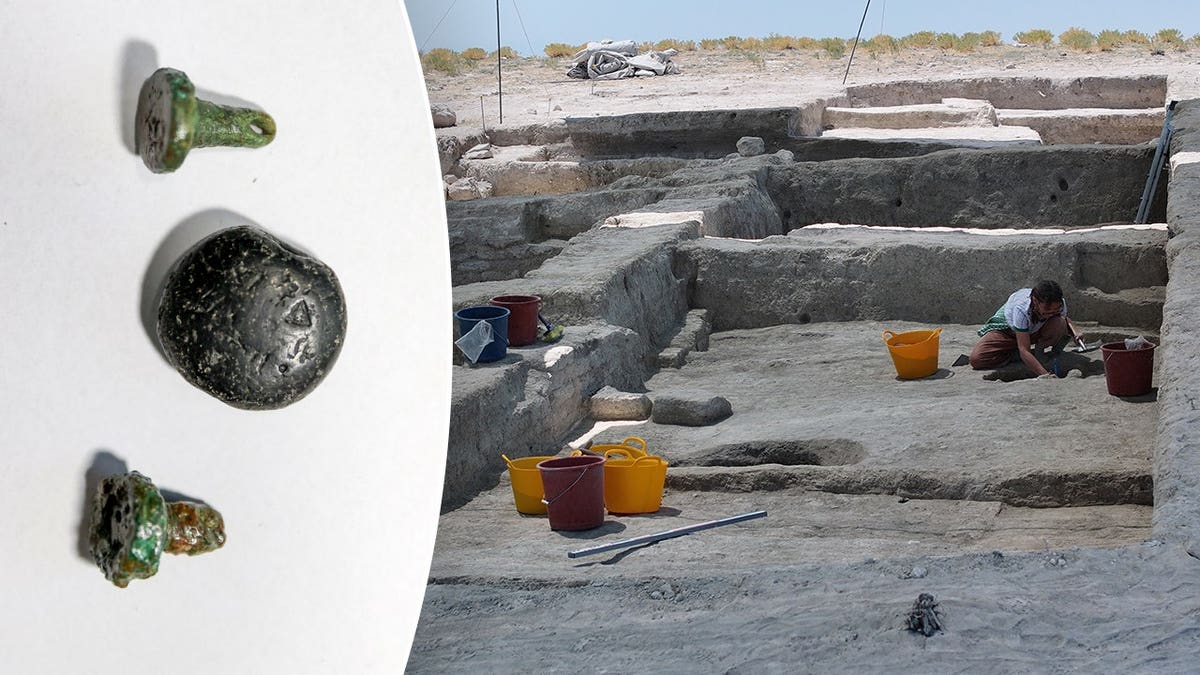 View of ancient artifacts, archaeologists working at dig site