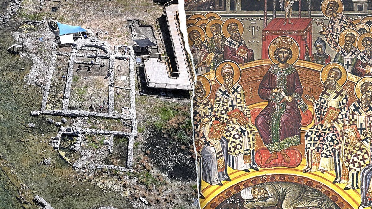 Aerial view of church, image of First Council of Nicaea painting