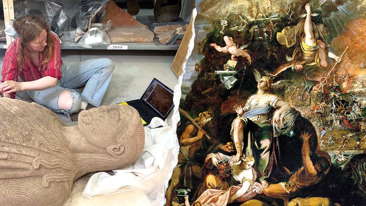 Split image of statue in lab setting, painting of Book of Revelation scene