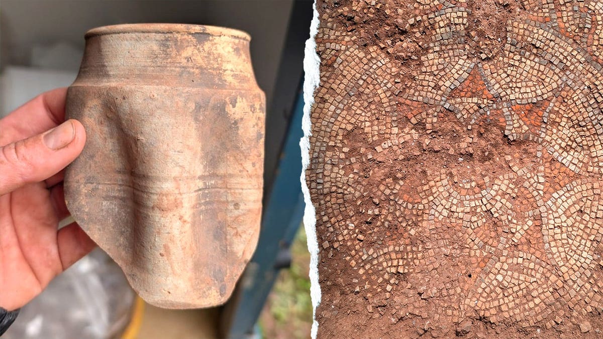 Archaeologist holding pottery shard, close-up of mosaic
