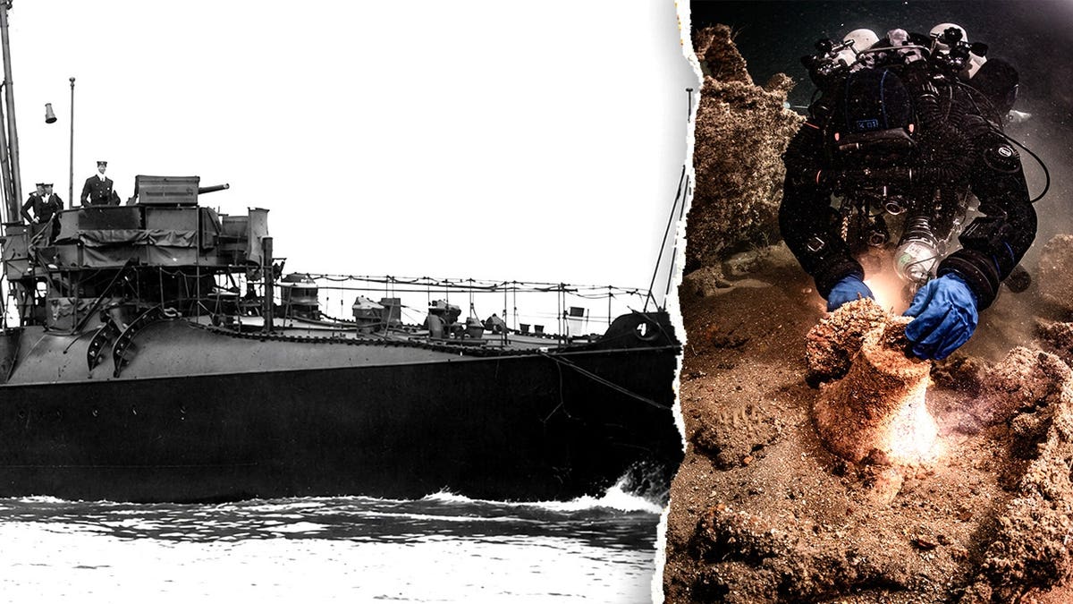 Historic image of navy ship, diver observing ship remains