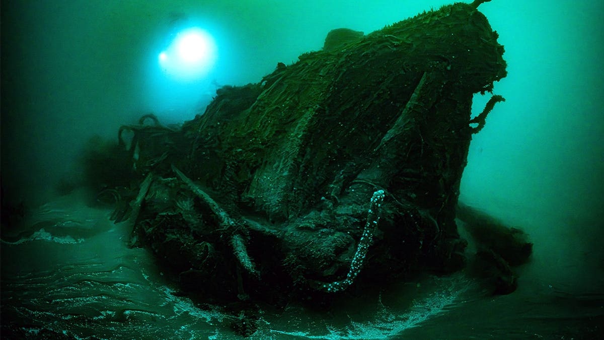 Diver standing next to gigantic war ship underwater