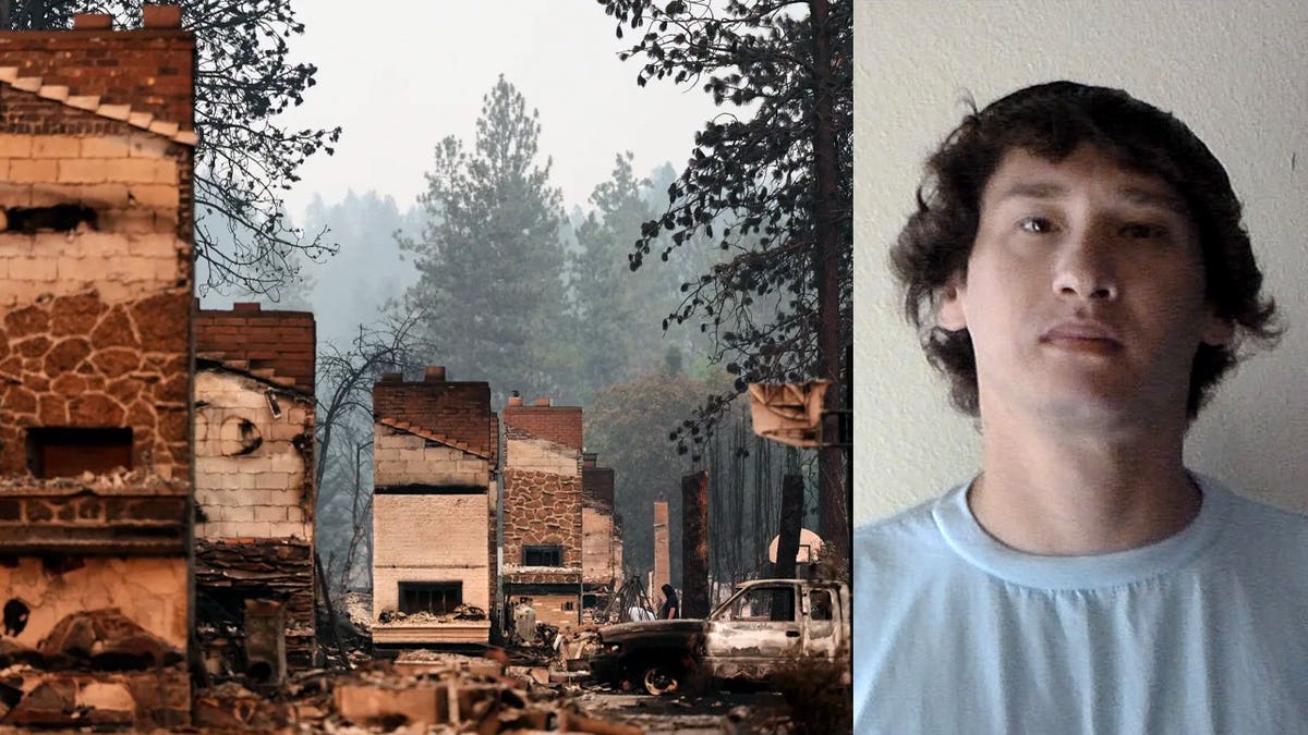 A composite image showing destruction from the Old Trails Fire in eastern Washington alongside Aaron F. Farinacci, who was arrested on suspicion of first-degree arson.