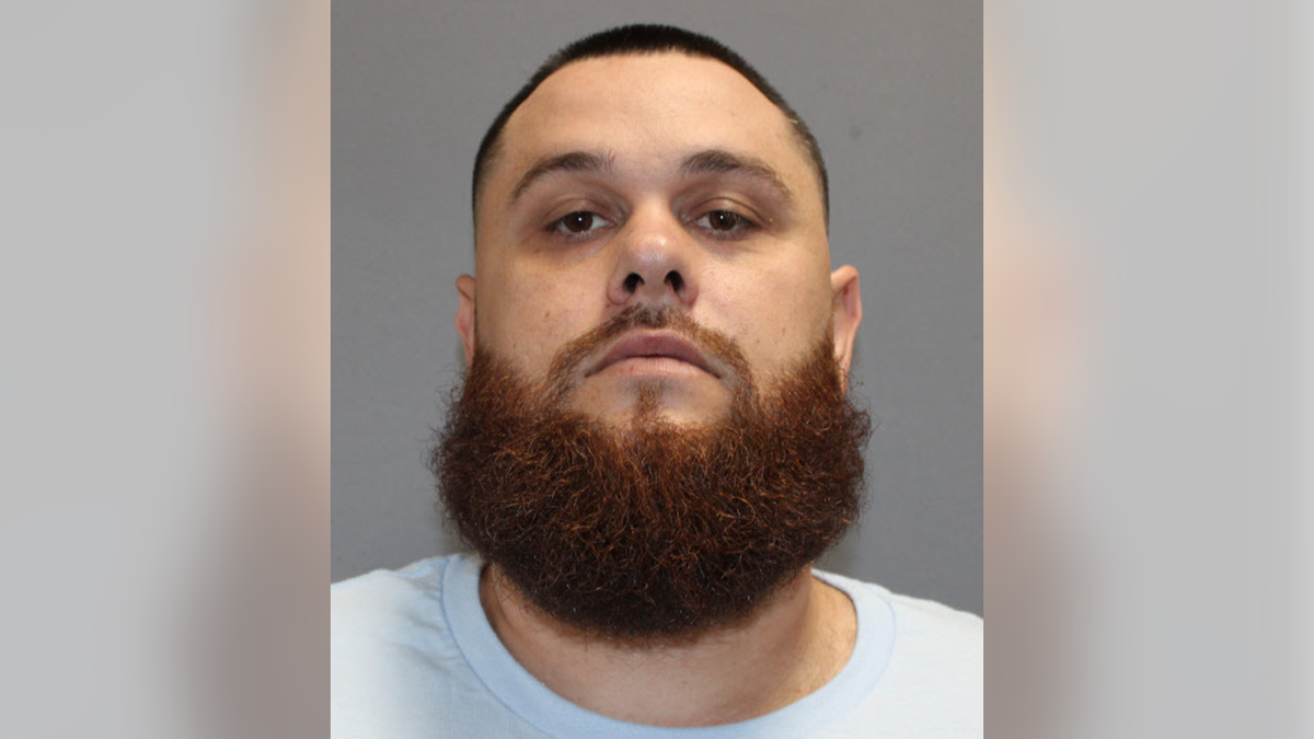 Alex James Barnett has a bushy red beard and is wearing a T-shirt in a mugshot