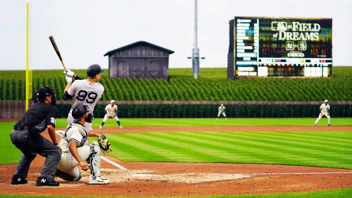 Aaron Judge swings during a game at Field of Dreams in Dyersville, Iowa.