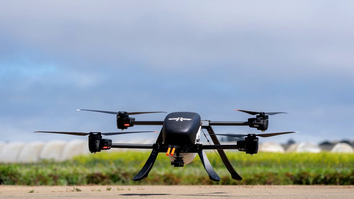 A firefighting drone takes off.