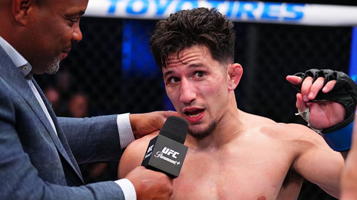 LAS VEGAS, NEVADA - JUNE 20: Mitch Raposo reacts after a victory against Allan Nascimento of Brazil in a flyweight fight during the UFC Fight Night event at Meta APEX on June 20, 2026 in Las Vegas, Nevada.  (Photo by Chris Unger/Zuffa LLC)