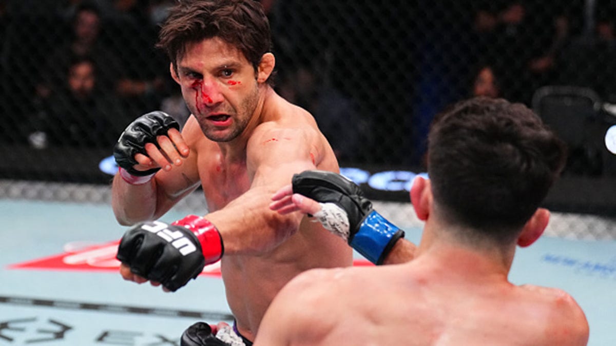 LAS VEGAS, NEVADA - JUNE 20: (L-R) Allan Nascimento of Brazil punchesMitch Raposo in a flyweight fight during the UFC Fight Night event at Meta APEX on June 20, 2026 in Las Vegas, Nevada.  (Photo by Chris Unger/Zuffa LLC)