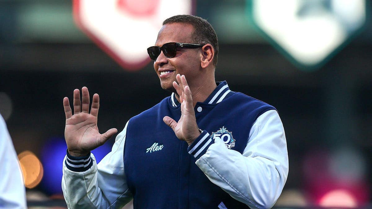 Alex Rodriguez reacts during the Seattle Mariners 50th Season Celebration at T-Mobile Park.