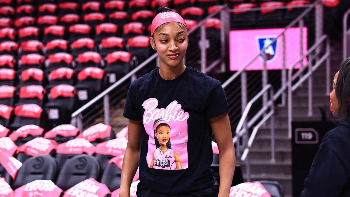 Angel Reese warms up before a game in Atlanta.