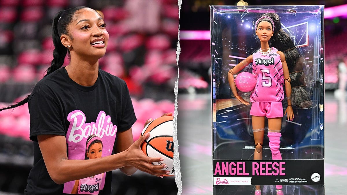 Side-by-side image of WNBA player Angel Reese holding a basketball and her Barbie Signature collectible doll wearing a pink basketball uniform inside its retail packaging.