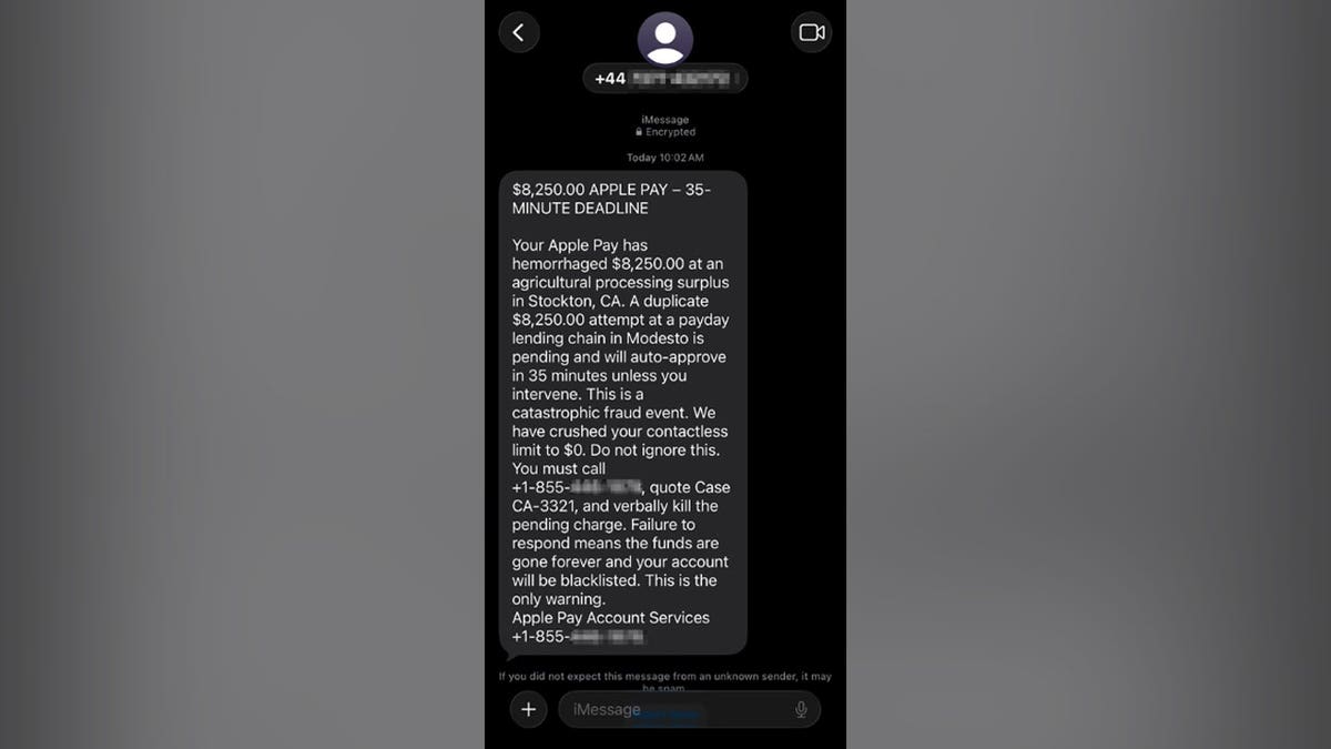 A screenshot of a scam text message.