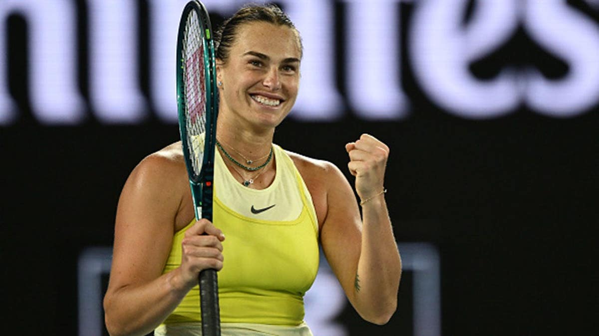 Aryna Sabalenka celebrates winning match point against Anastasia Pavlyuchenkova.