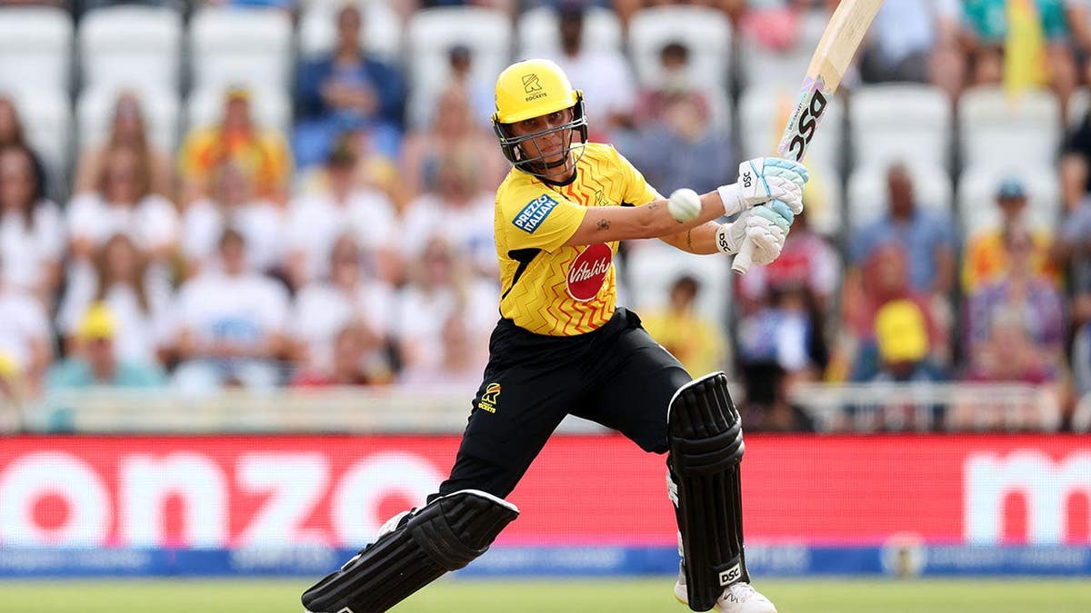 Ash Gardner bats during The Hundred cricket match at Trent Bridge.