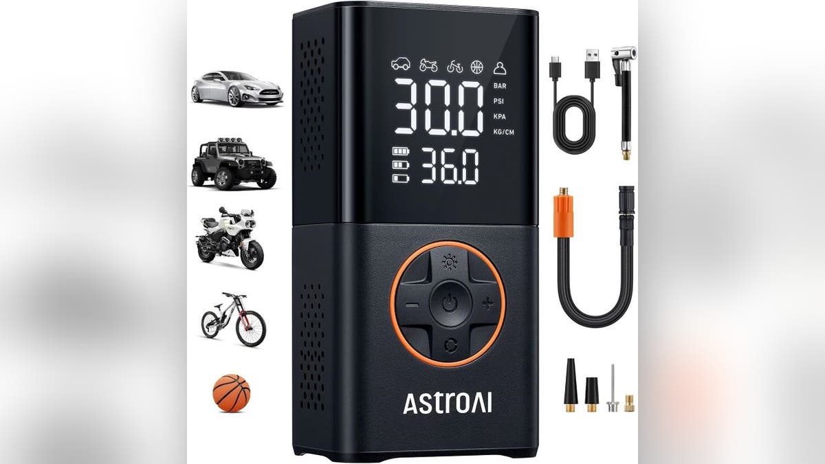 Inflate flat tires in minutes with a handheld tire inflator.