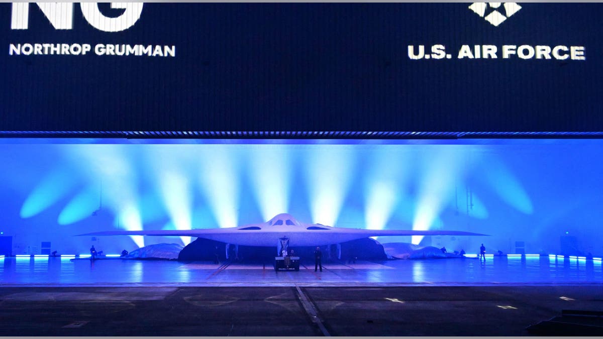 B-21 Raider stealth bomber on display at Northrop Grumman's Air Force Plant 42 ceremony.