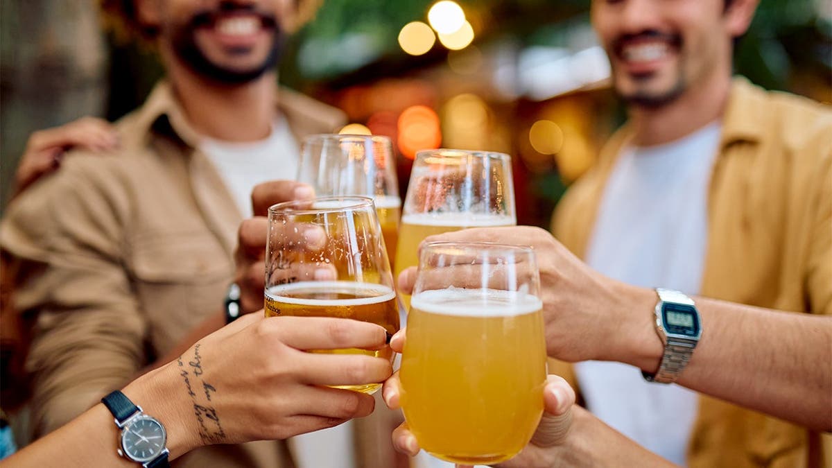 A group of friends cheers glasses of beer together.