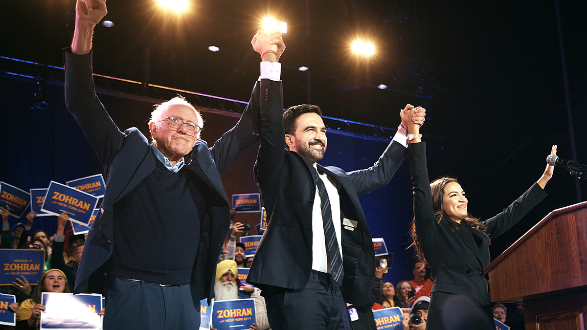 Bernie Sanders, Zohran Mamdani and Alexandria Ocasio-Cortez at NYC rally.