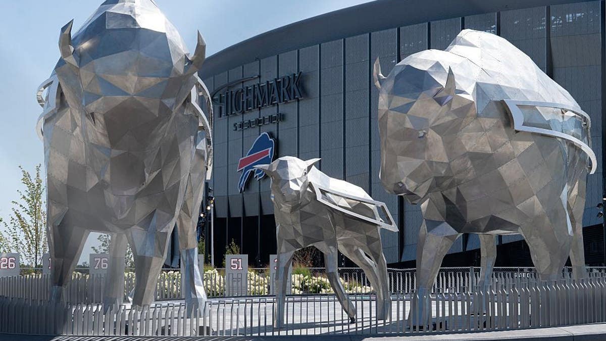 Bison sculptures sit in Family Circle outside Highmark Stadium.