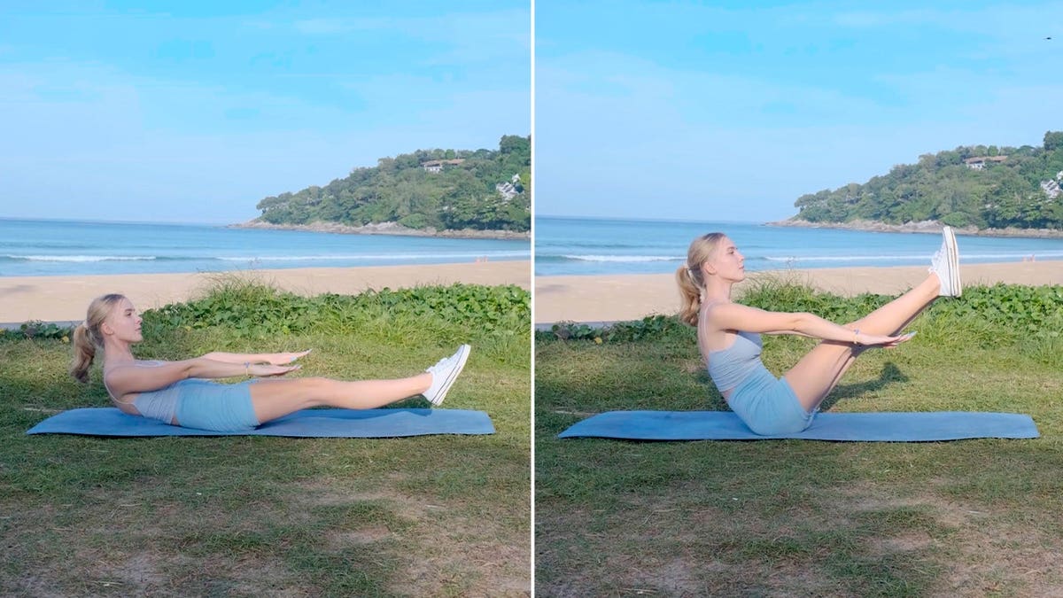Yoga instructor demonstrates boat pose outside