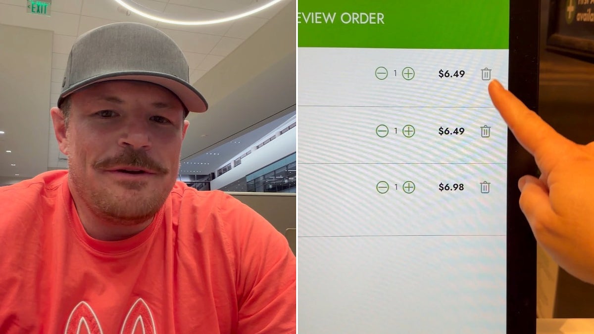 Brian Powell, 45, of Utah, is shown next to a split screen of the final price of milkshakes from a Shake Shack kiosk.