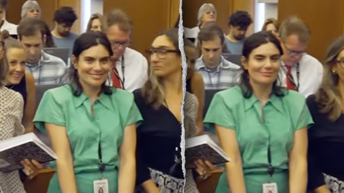 image shows split image of woman in dress in two different shots