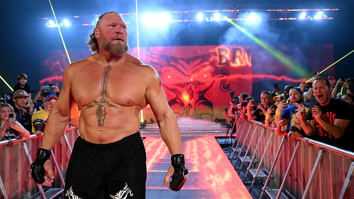 Brock Lesnar makes his entrance during Wrestlepalooza at Gainbridge Fieldhouse.