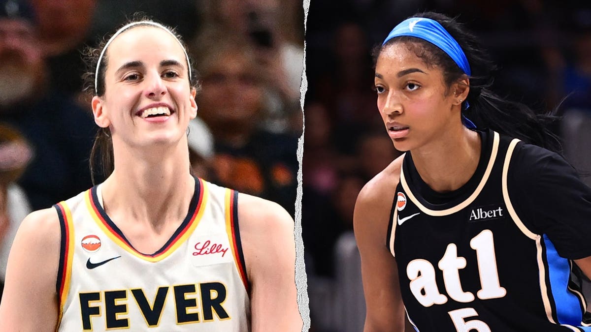 Caitlin Clark of the Indiana Fever celebrates beside a photo of Angel Reese wearing an Atlanta Dream uniform during WNBA action.