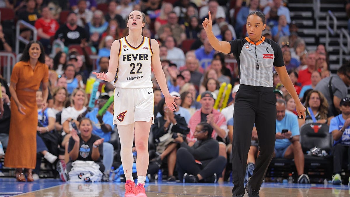 Caitlin Clark reacts during a technical foul call in a game against the Chicago Sky.