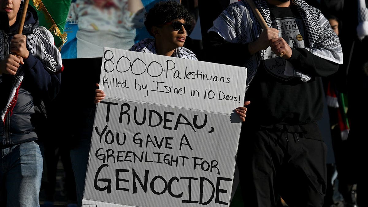 Protestor holds a sign at a pro-Gaza protest in Canada