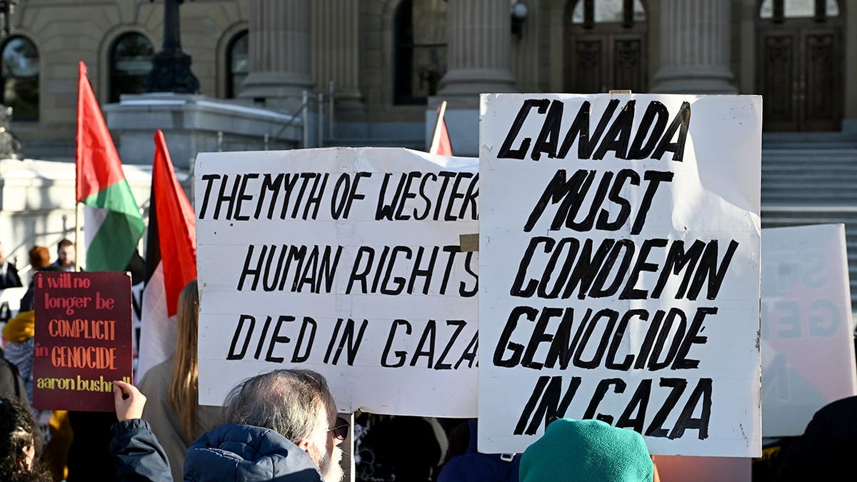signs are held in Canada during a pro-Gaza protest