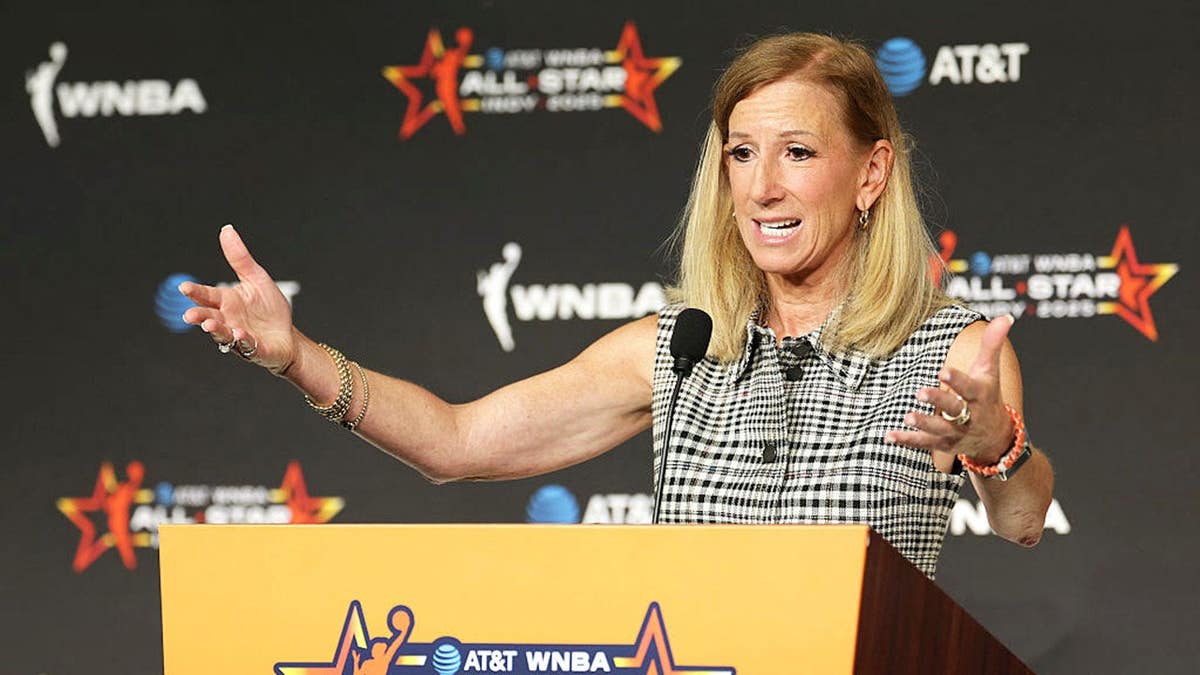 WNBA Commissioner Cathy Engelbert speaks to media at Gainbridge Fieldhouse.