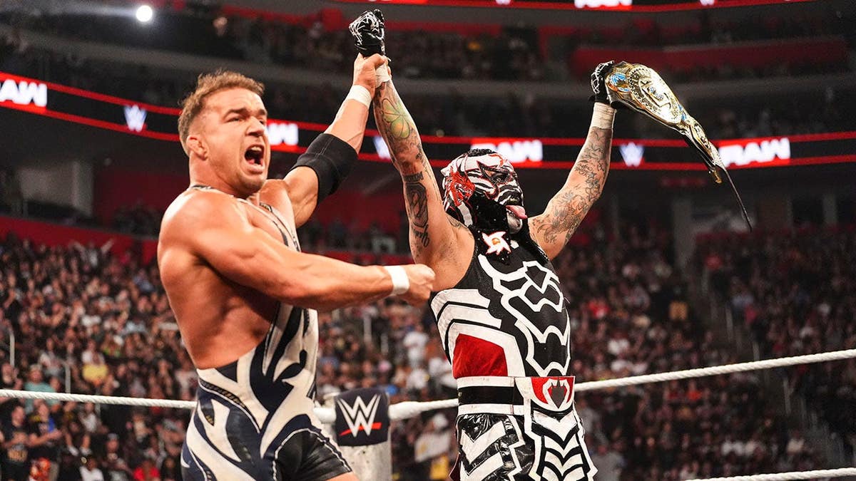 Chad Gable and Penta celebrate their win during Monday Night RAW.