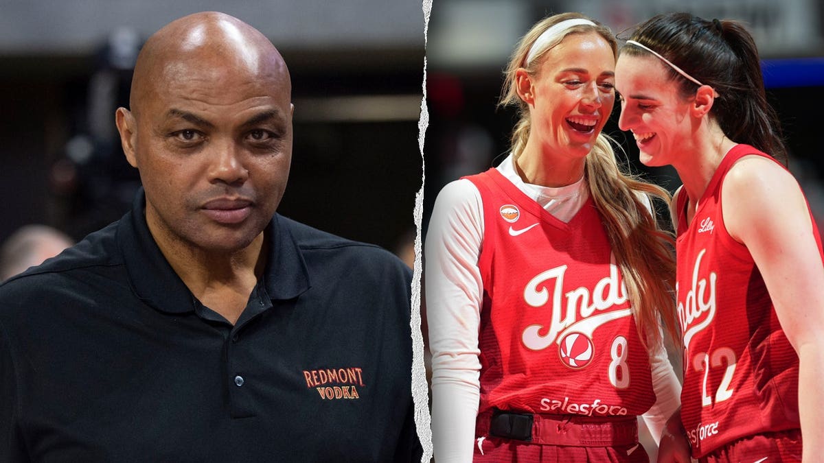 Charles Barkley alongside Indiana Fever players Caitlin Clark and Sophie Cunningham smiling on the basketball court.