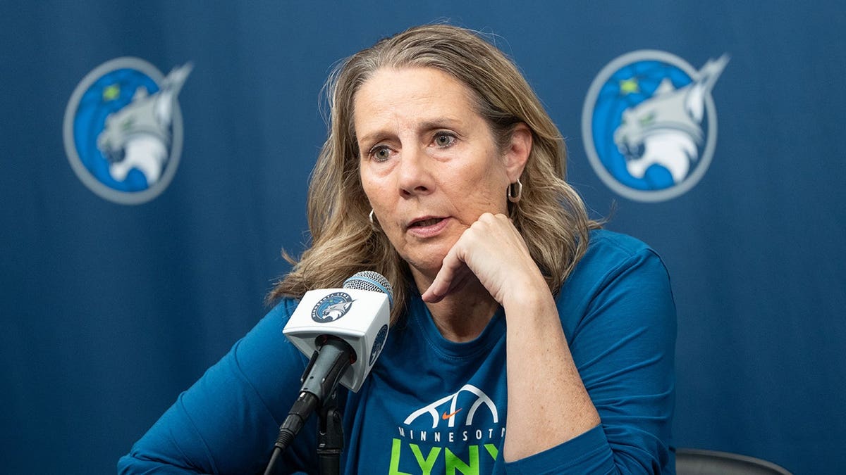 Cheryl Reeve addresses the media before a game at Target Center in Minneapolis.