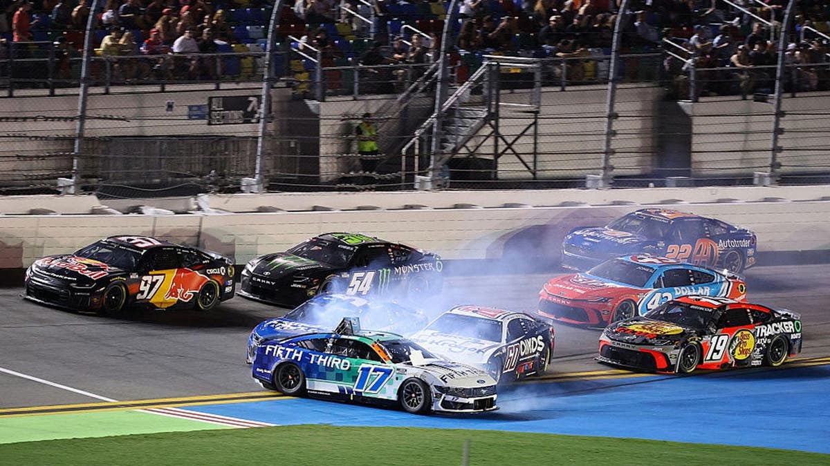 Chris Buescher, Ryan Preece and Kyle Larson spin after an on-track incident at Daytona International Speedway.
