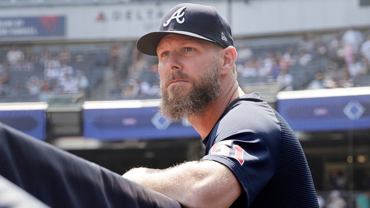 Chris Sale of the Atlanta Braves looks on before a game at Yankee Stadium.