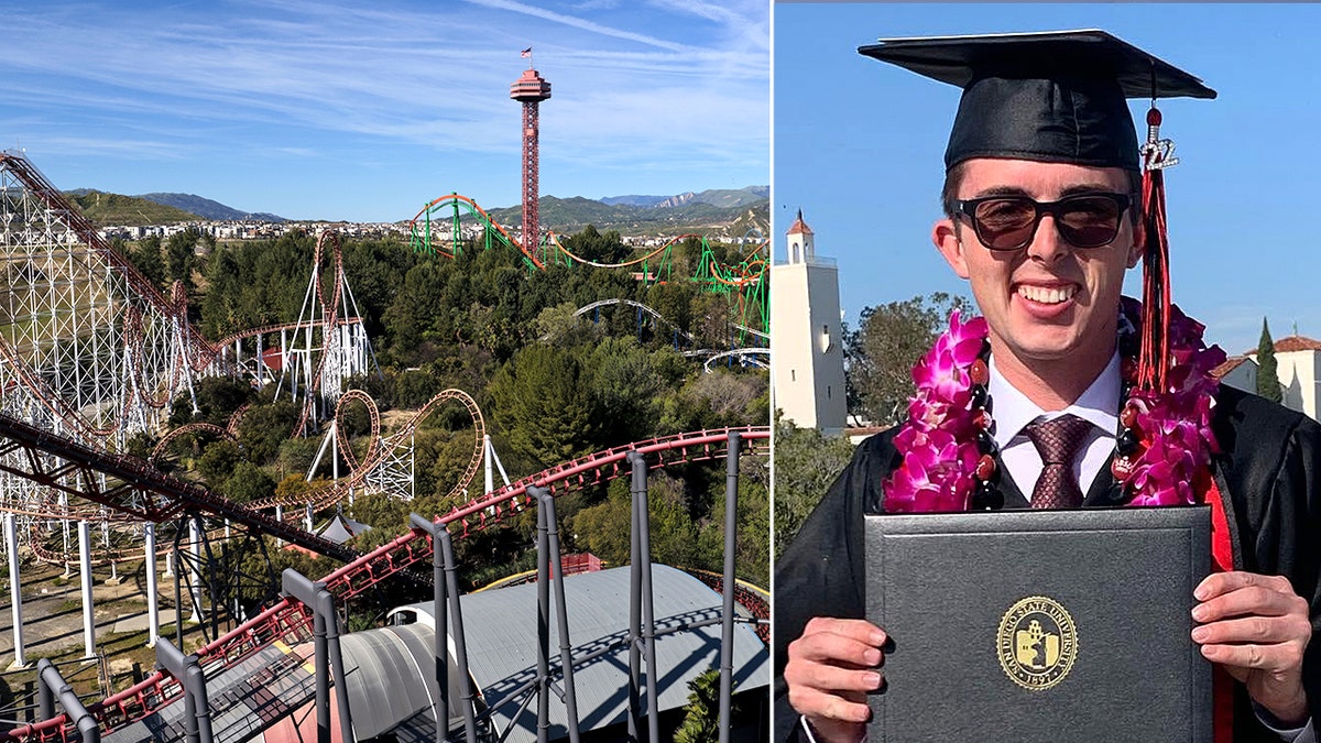 split image of Christopher Hawley in graduation gown and amusement park